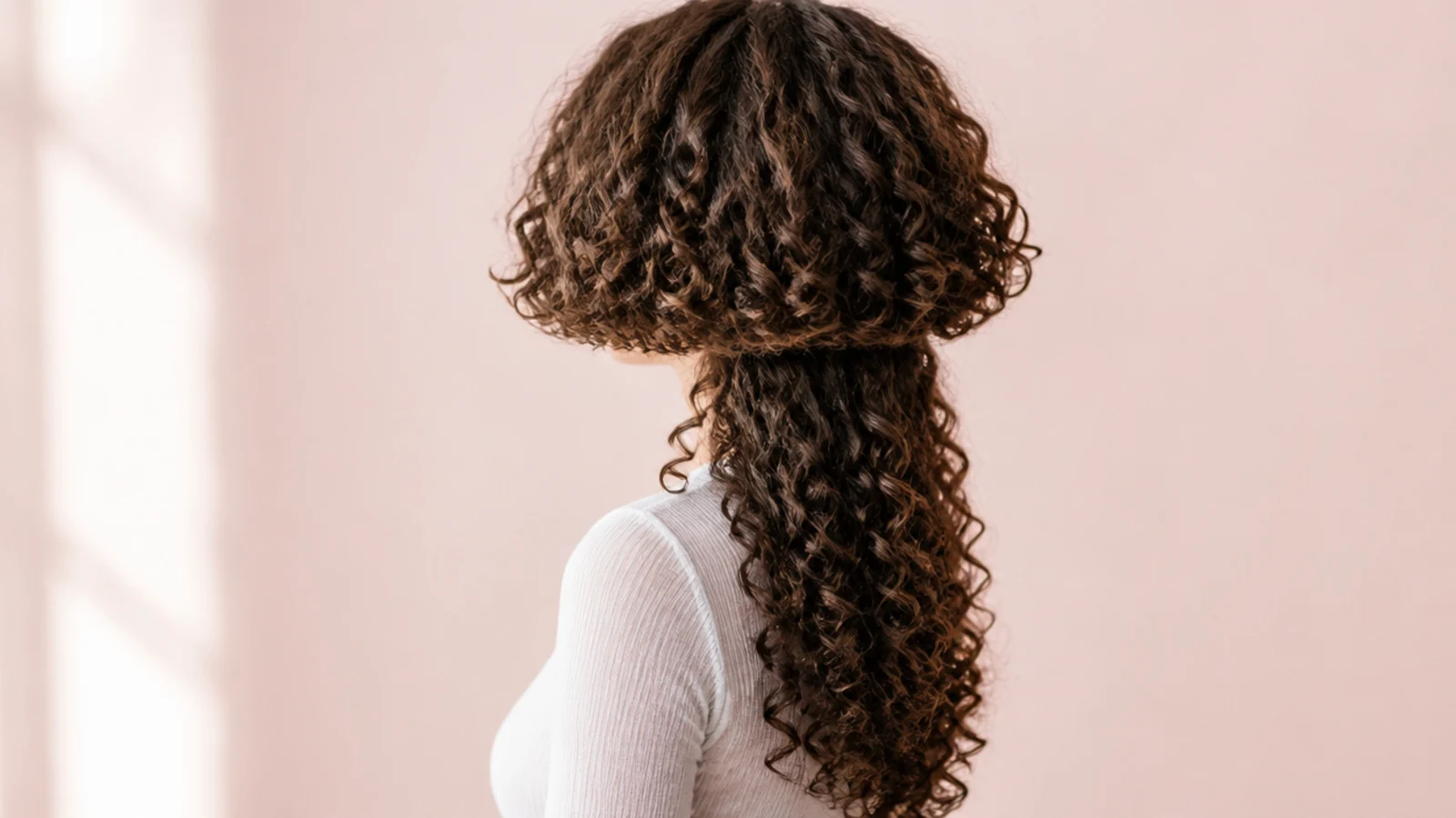 Loose spiral curls forming a rounded top layer above longer curly lengths