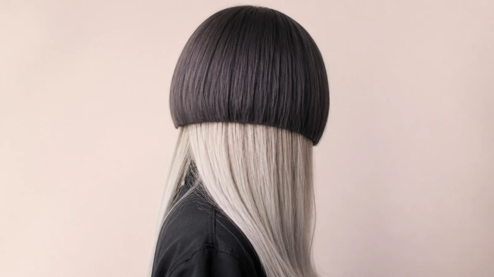 Dark roots fading to pale silver through the long lower section of hair