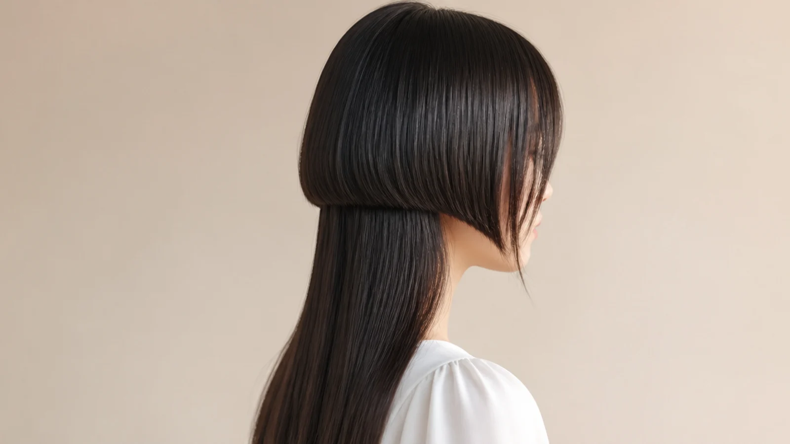 Fine bangs meeting in a soft point at the centre of the forehead