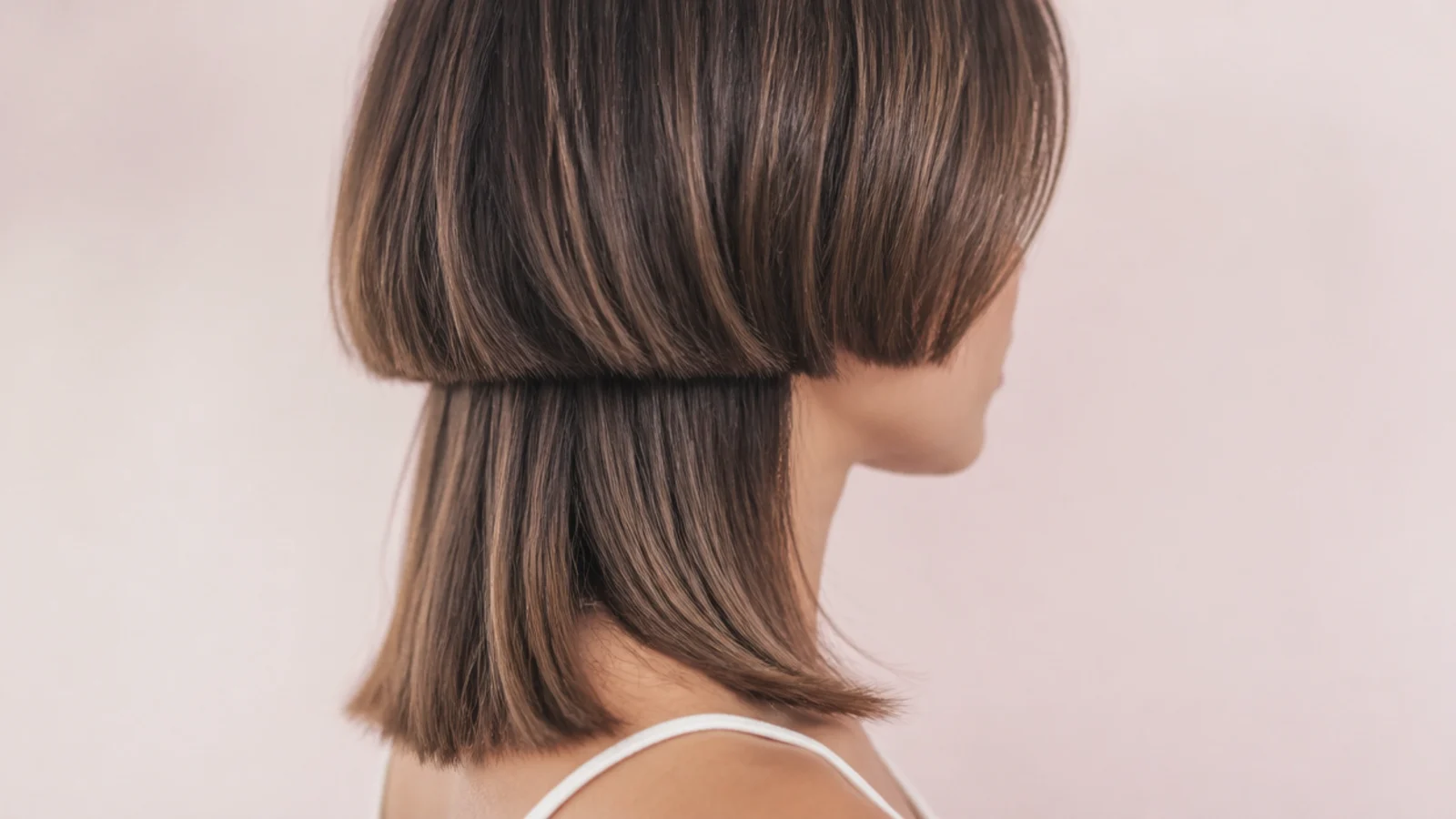 A chin length rounded layer stepping down to hair that ends at the collarbone
