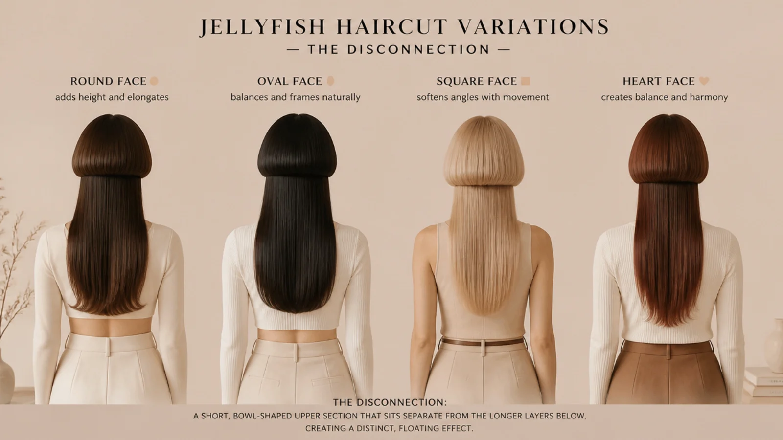 Four portraits comparing bell heights against different face proportions in even studio light