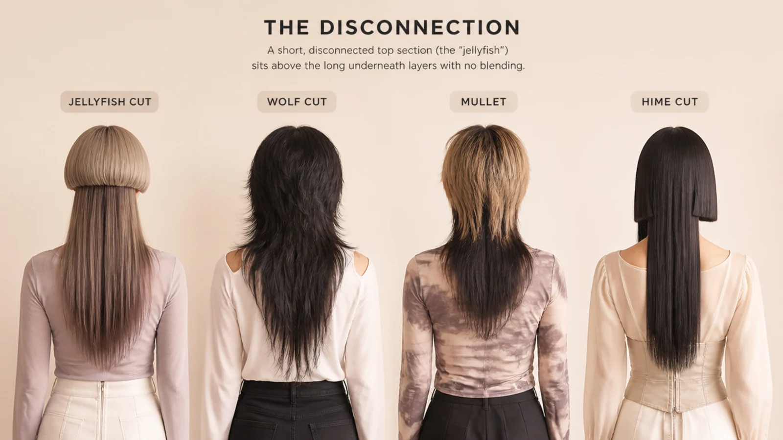 Three back views side by side comparing a stepped bell shape with two softly layered cuts