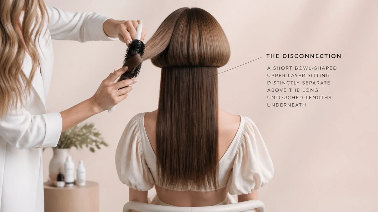 A round brush lifting the rounded top layer under a hairdryer nozzle