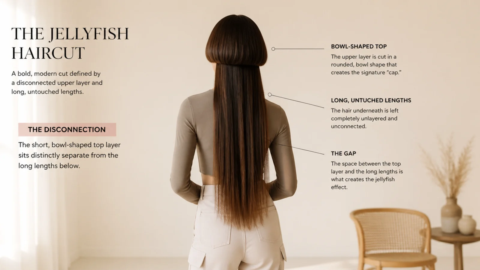 Side profile showing a rounded blunt bell layer stepping sharply away from the long hair beneath it
