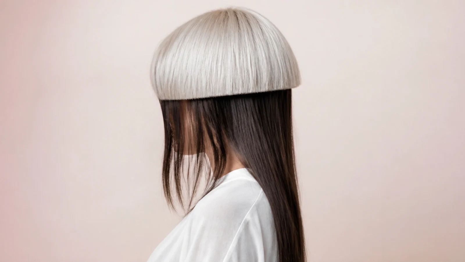 A near white rounded top layer sitting sharply above long dark straight hair