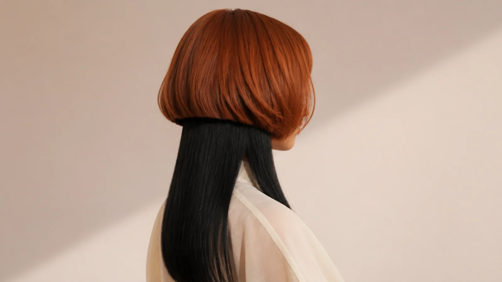 A warm ginger bowl shaped layer above glossy black lengths