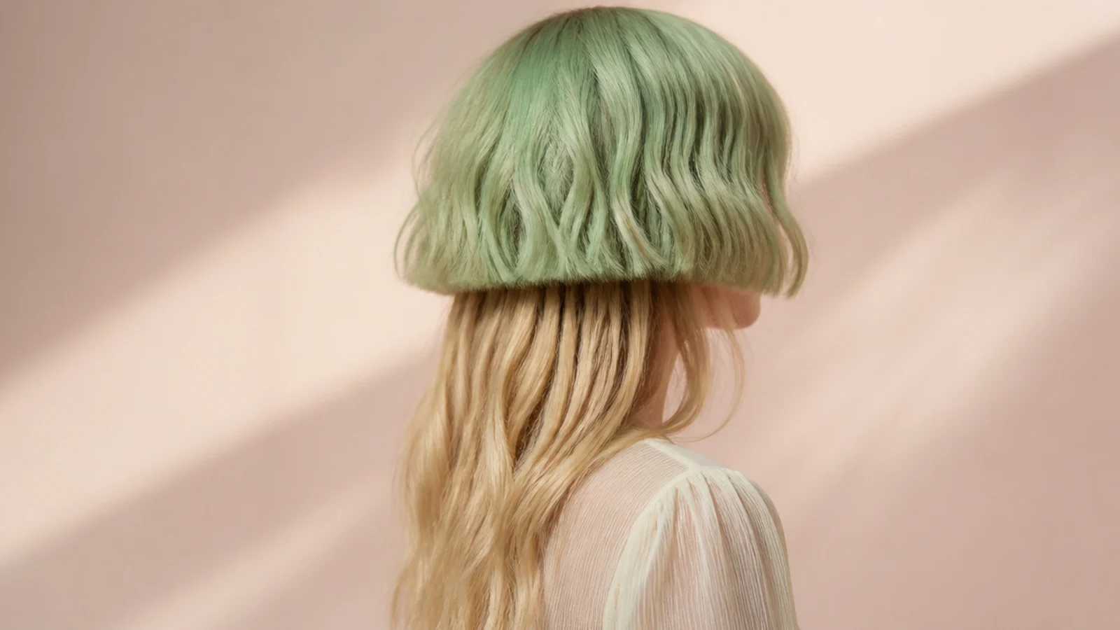 A pale mint green dome layer over untreated darker hair