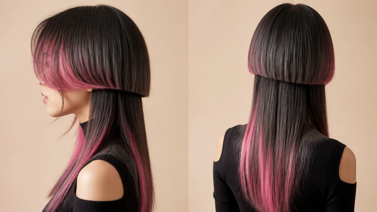 Two pink panels framing the face at the front of a rounded top layer