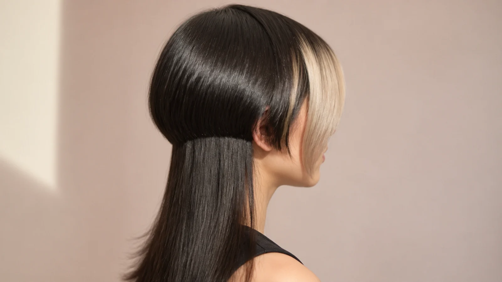 A lightened blonde section at the centre part above darker hair