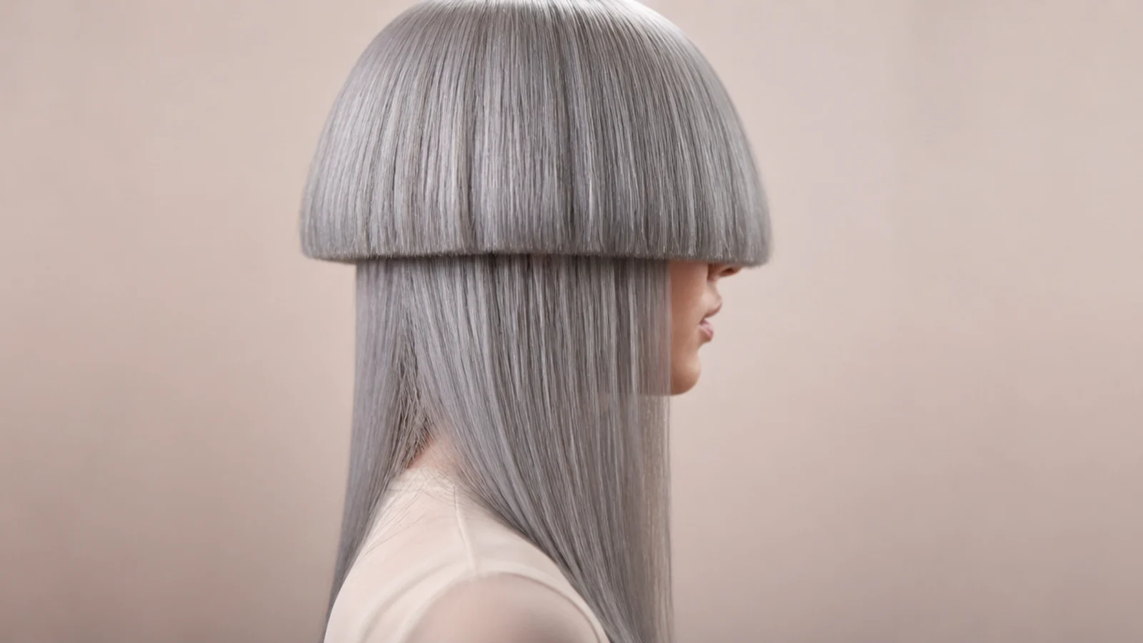 Cool silver gray hair in a stepped shape against a neutral wall