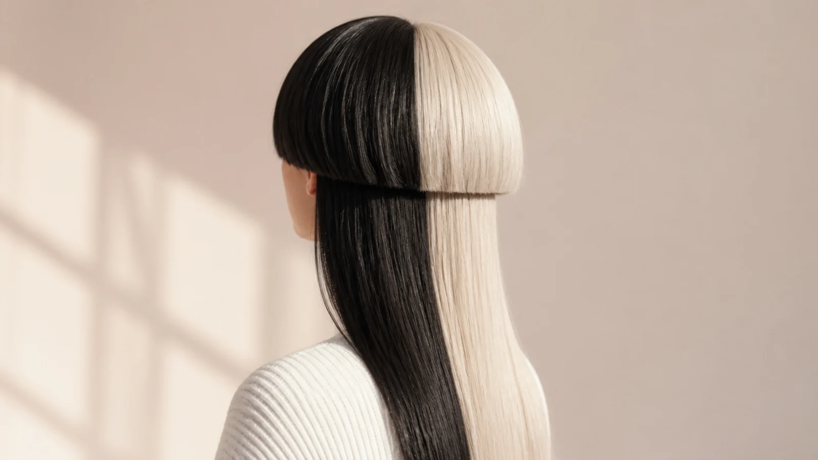 Black on one side and white blonde on the other divided down a sharp centre part