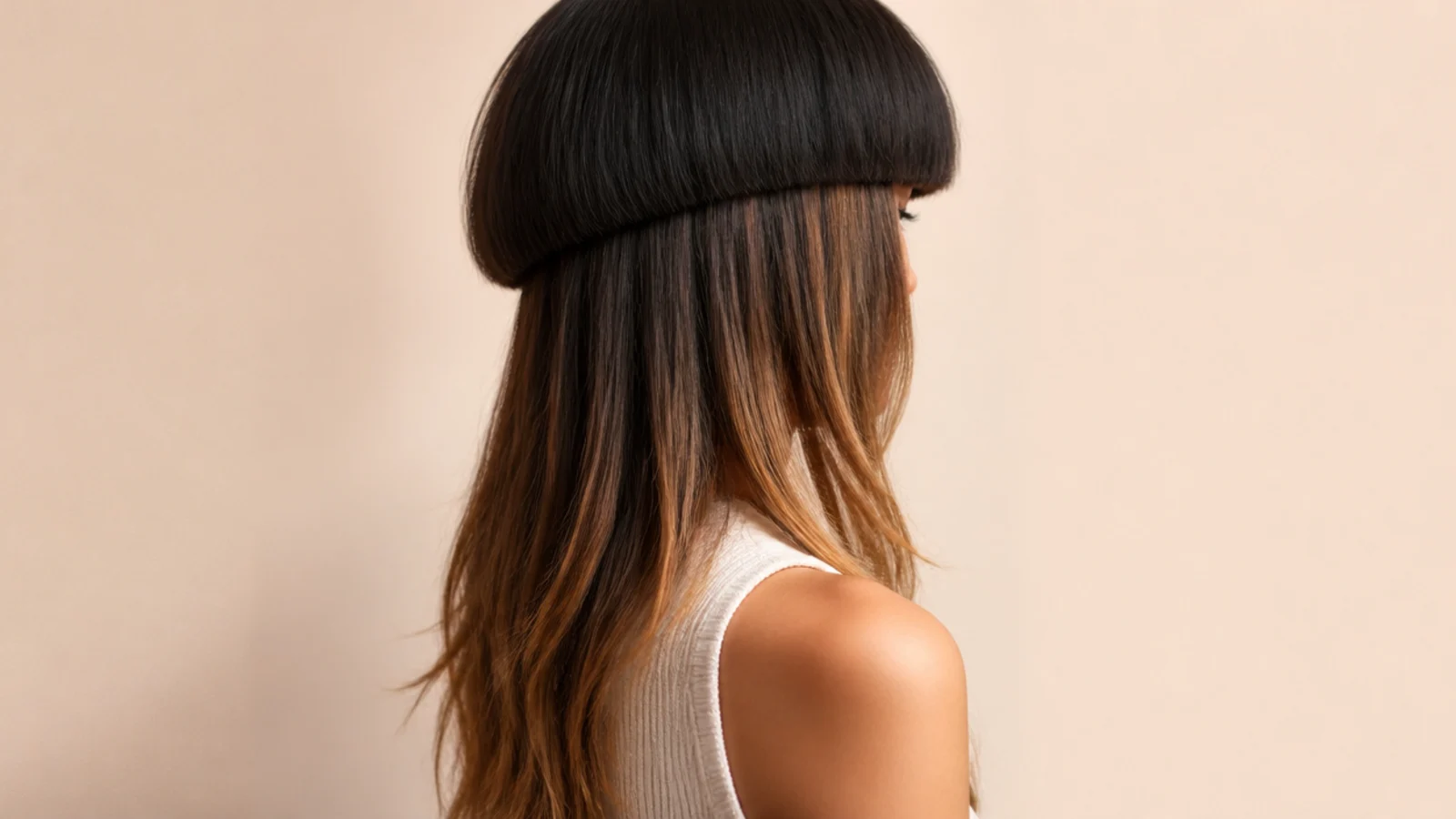 Softly painted lighter pieces through long hair below an untouched darker top layer