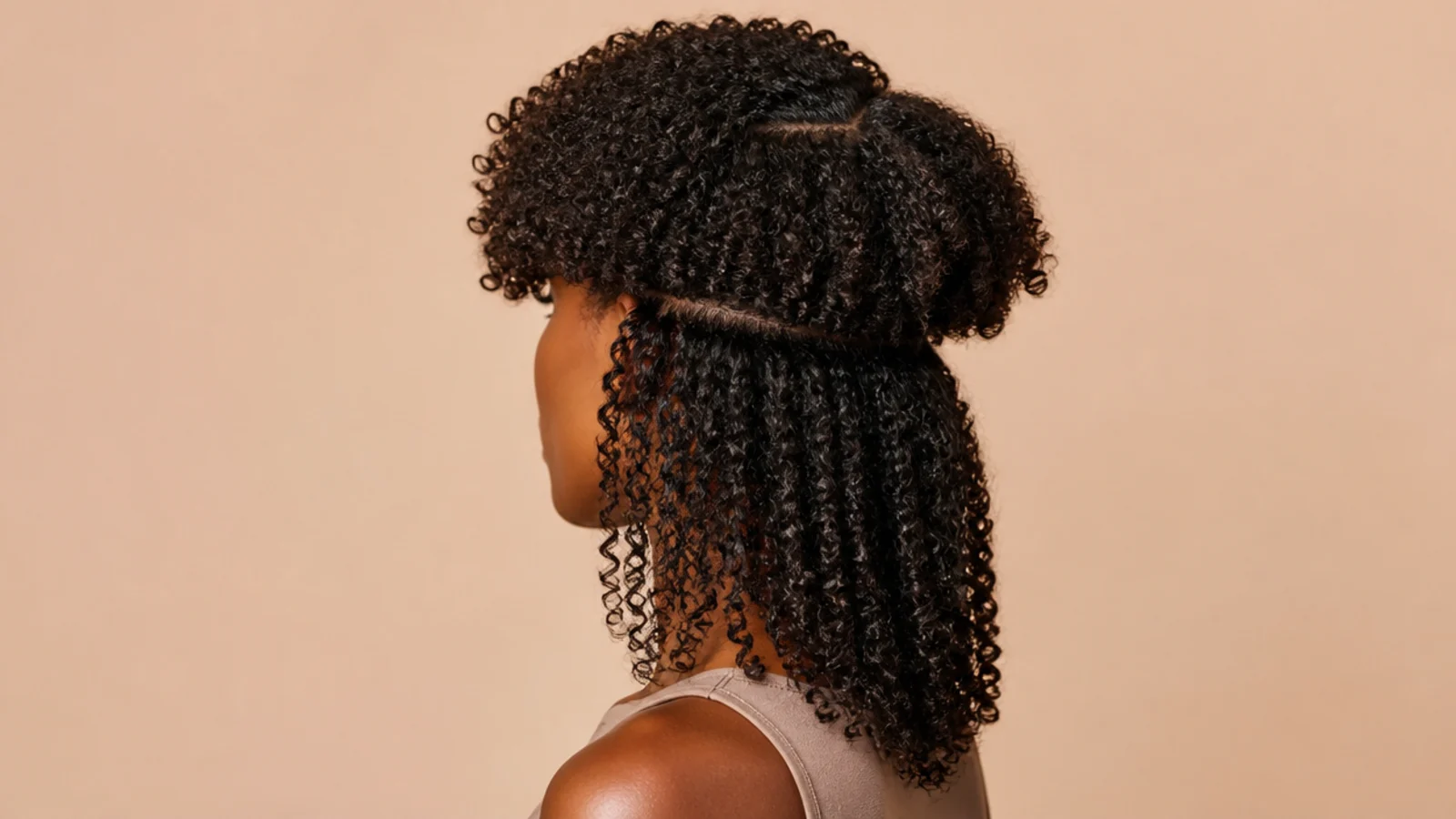 Tight corkscrew curls parted to one side with height at the crown