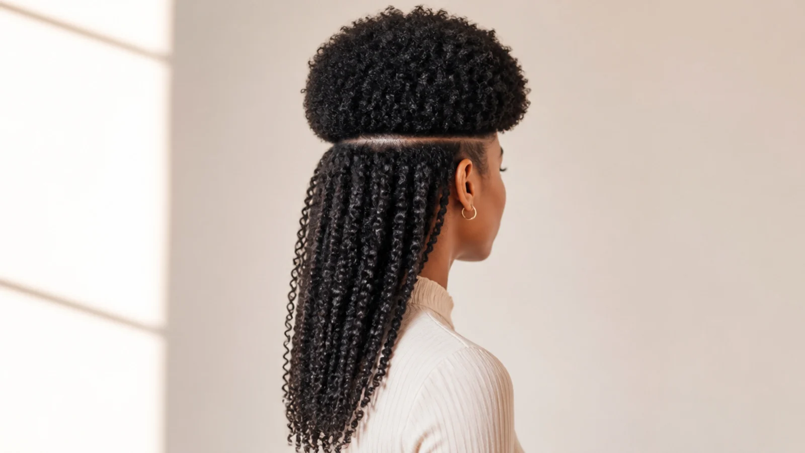 Tightly coiled hair shaped into a rounded top section with a narrowed underside