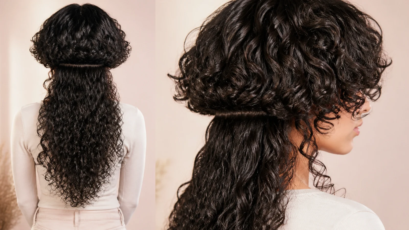 Curls falling to mid back with a looser pattern toward the ends