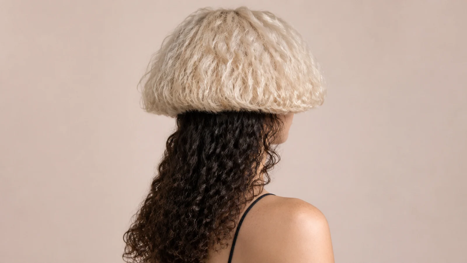 A pale platinum curly top layer above darker untreated curls