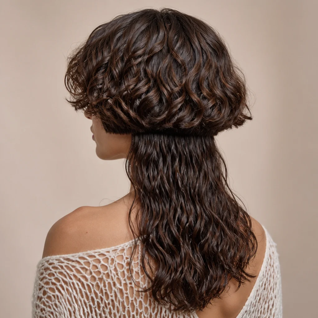 A solid rounded curly layer framing a square jawline