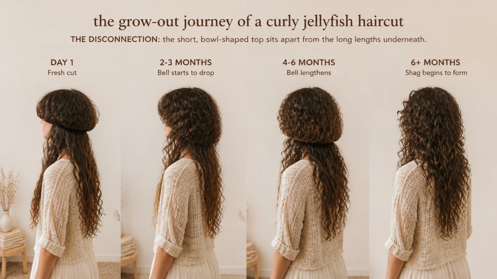 A grown out curly top layer blending into the longer curls below