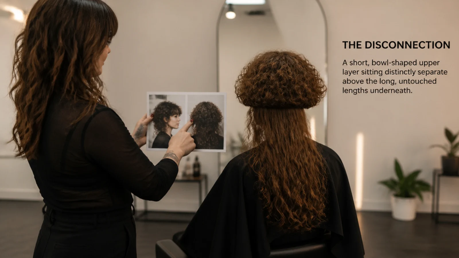 A stylist checking a dry curl against a client's cheekbone during a consultation