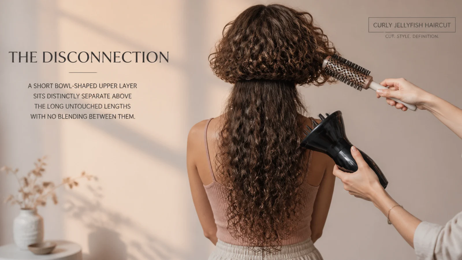 A diffuser held against the rounded top section of a curly haircut