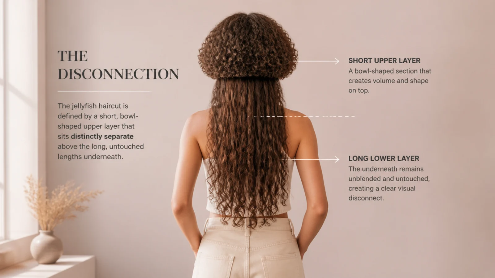 Profile view of a curly bowl shaped layer stepping away from the longer curls beneath it