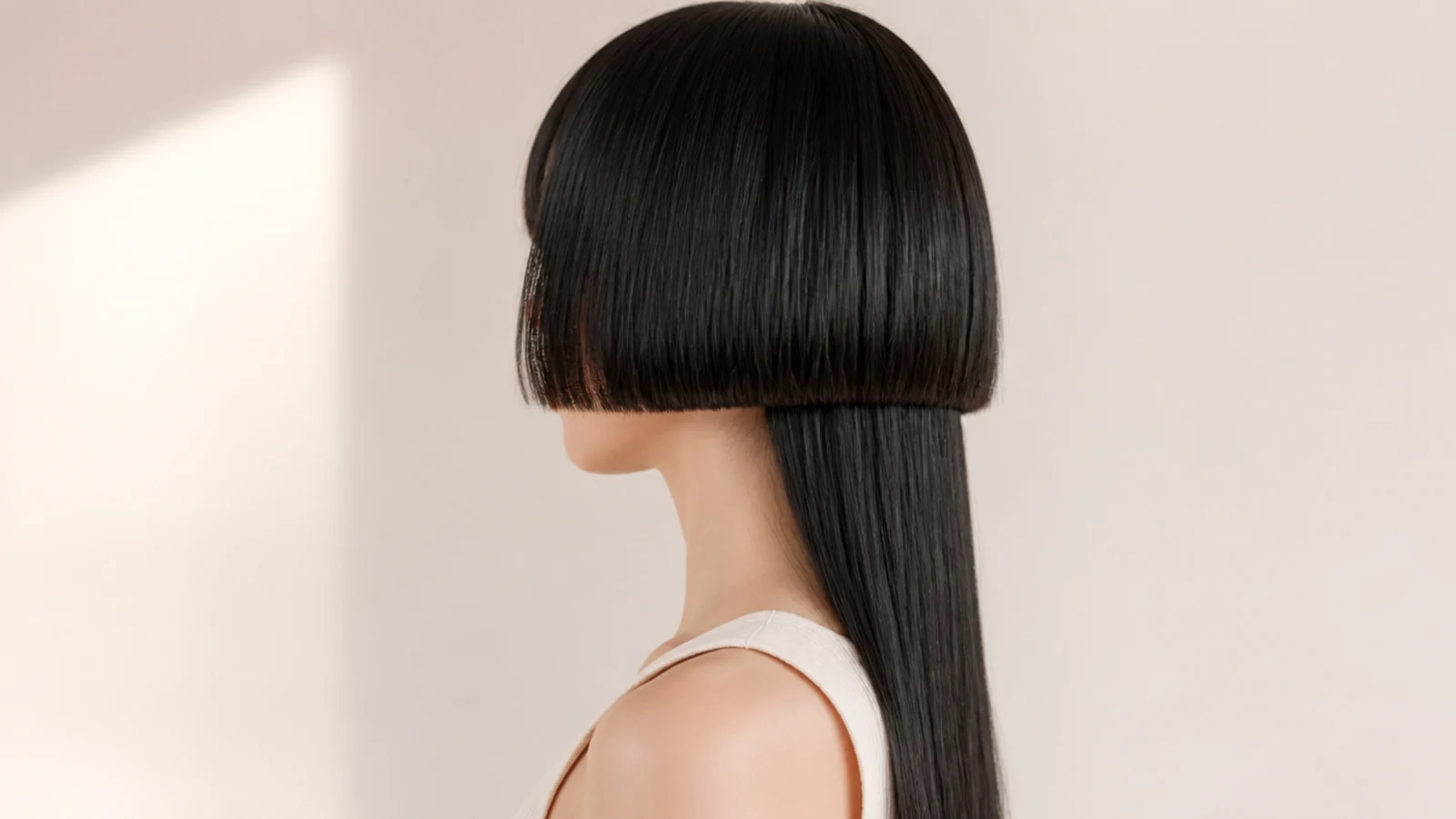 A hard edged dark bell finishing at cheekbone height above long straight hair