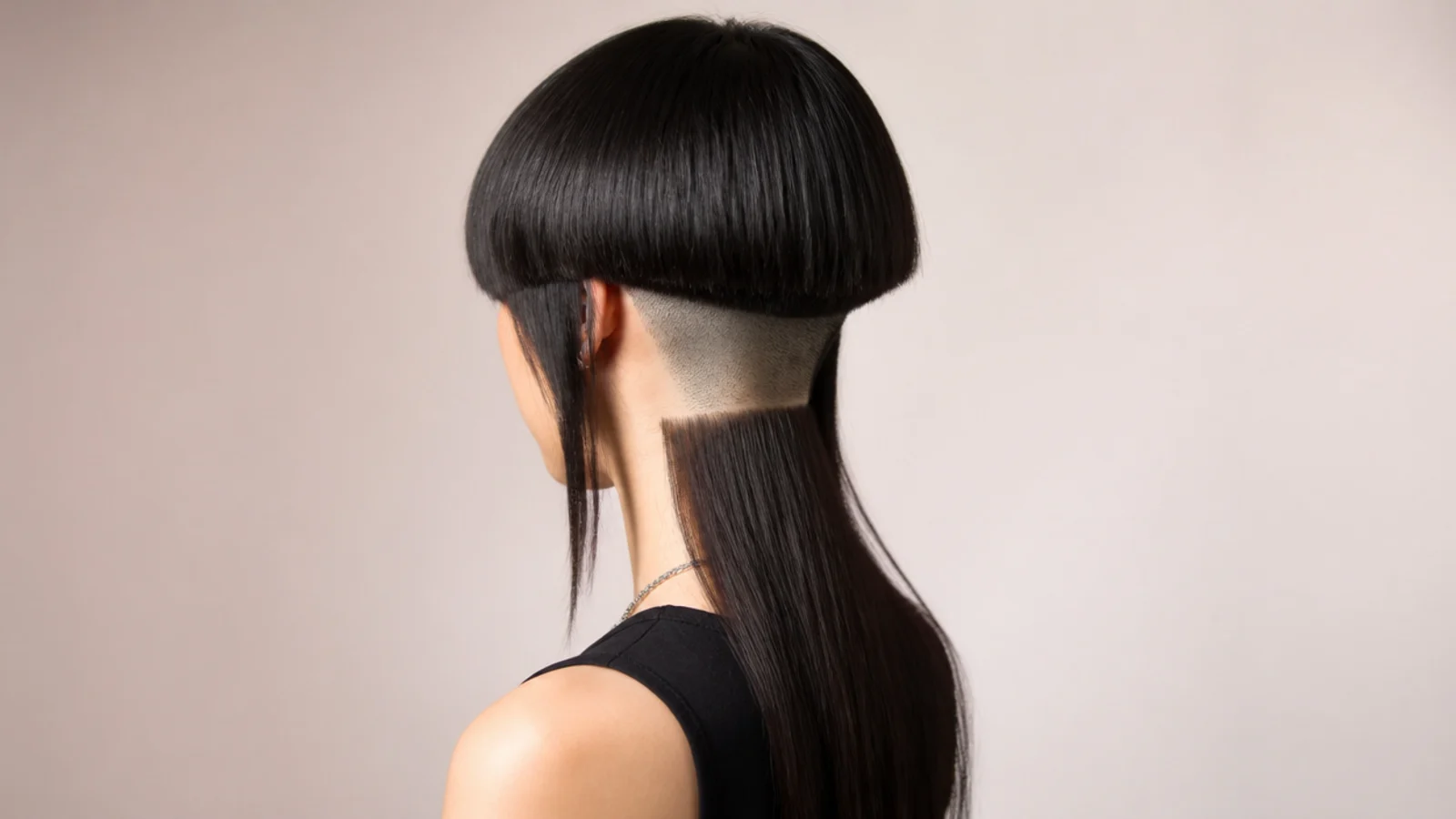 Long hair held up to reveal a short clipped area at the nape
