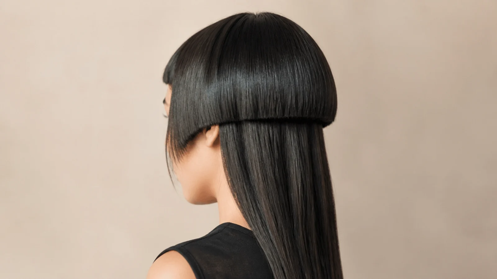 Very short blunt bangs high on the forehead above a rounded top layer