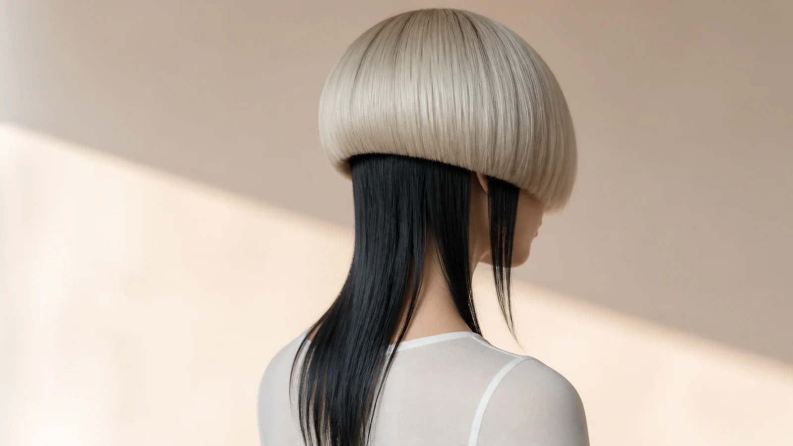 A white blonde bell sitting sharply above jet black straight lengths