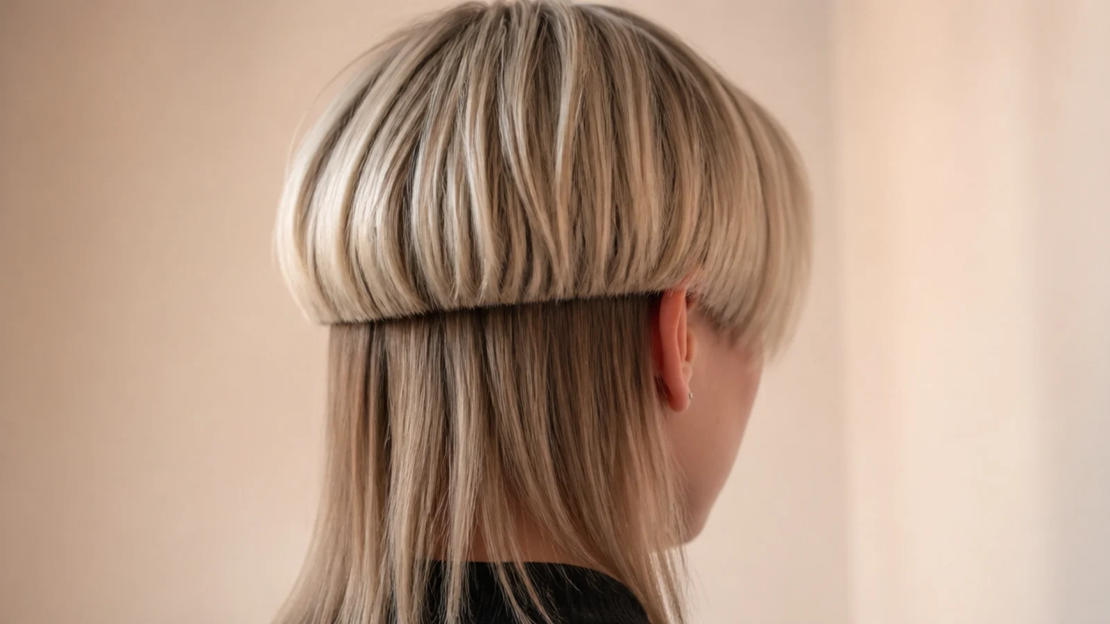 A short top layer above a closely buzzed neck seen from behind