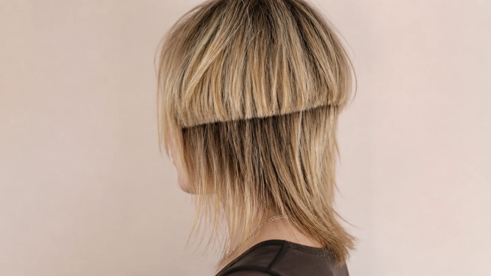 A grown out stepped cut where the top layer has merged into long shaggy lengths
