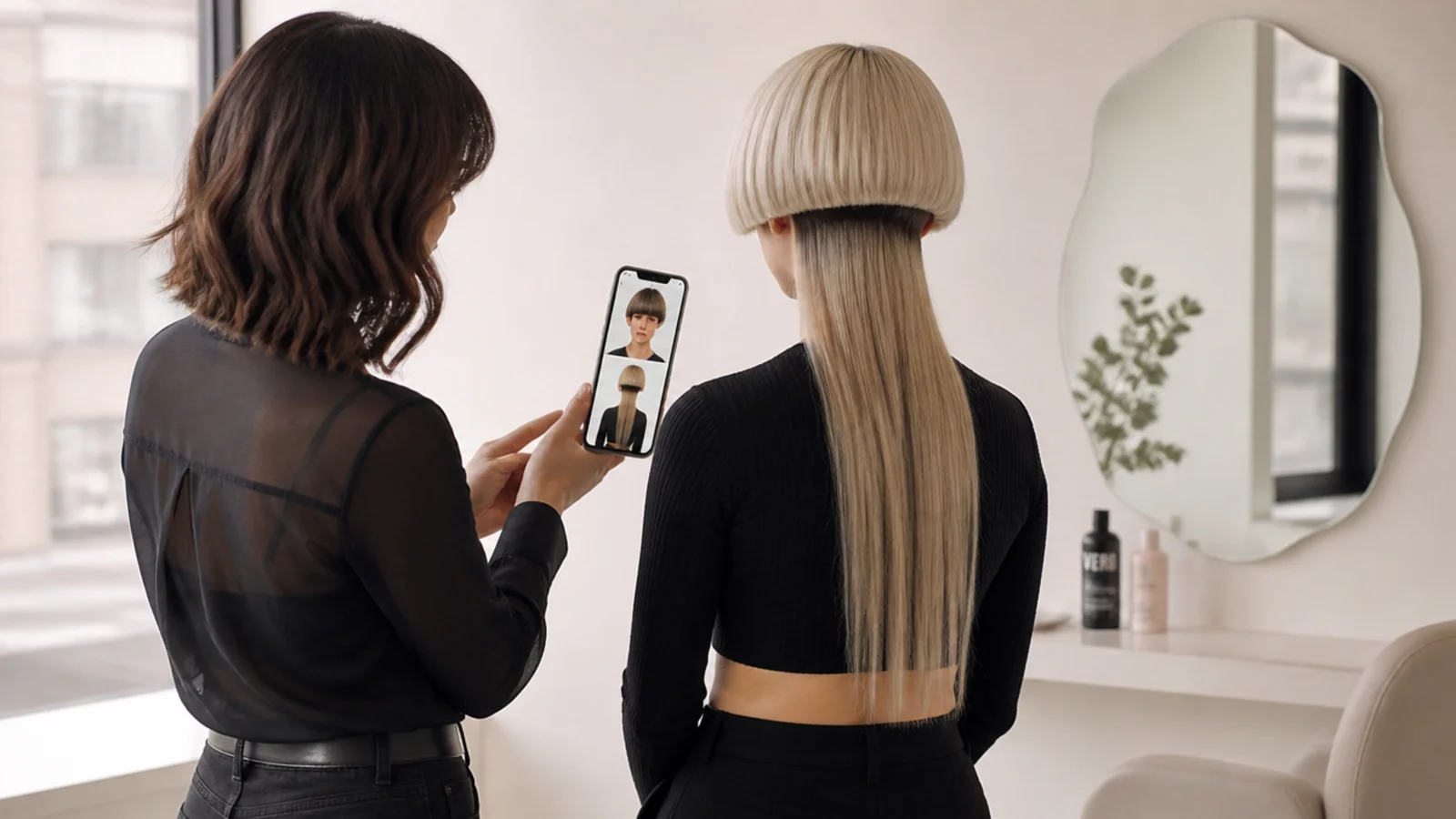 A stylist holding clippers beside a sectioned head during a consultation