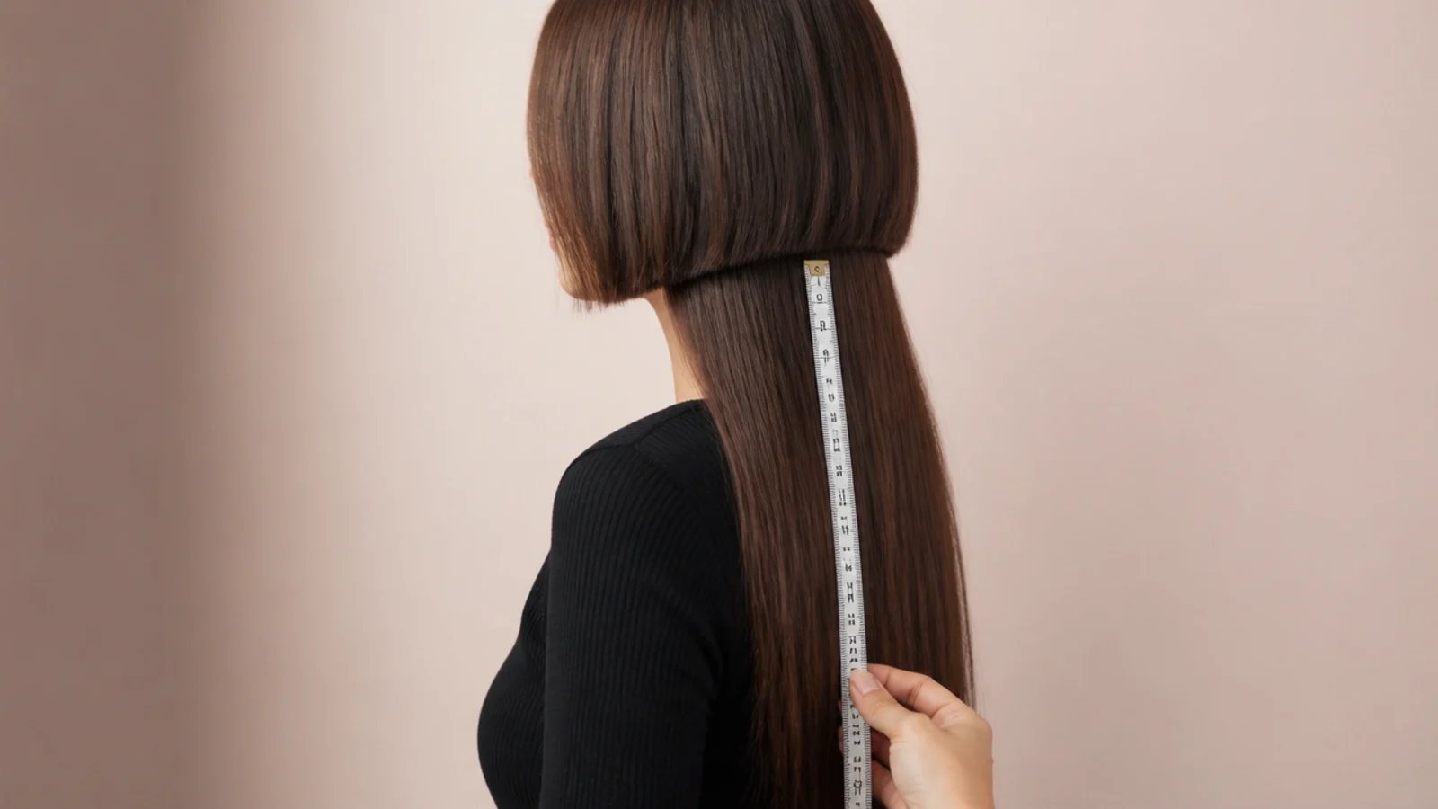 A tape measure held against long hair down the back