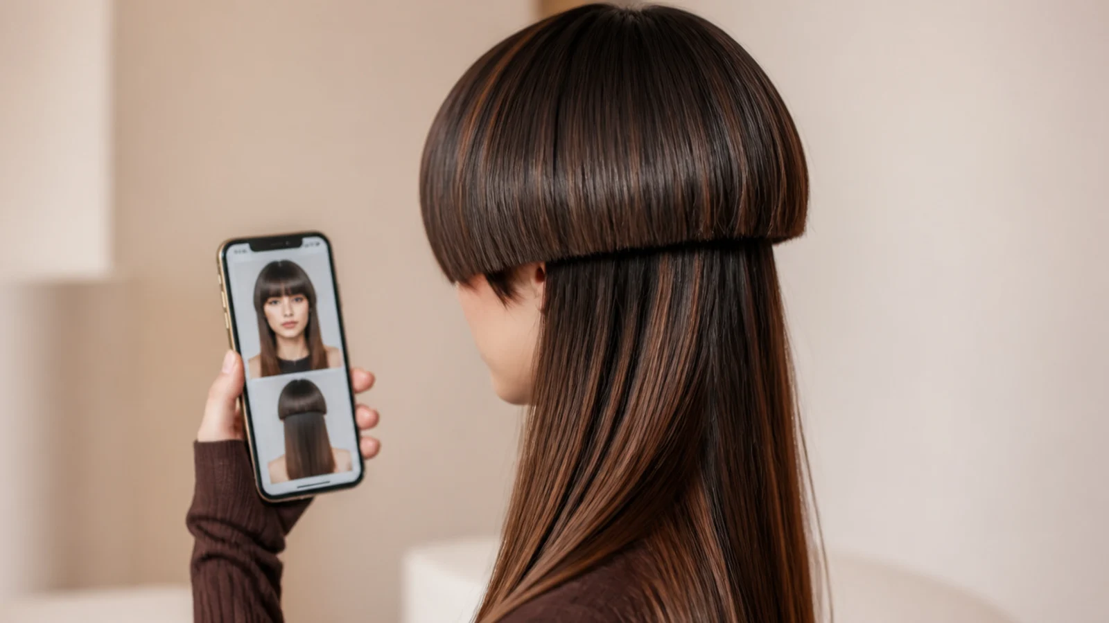 Two printed reference photographs showing the front and back of a haircut