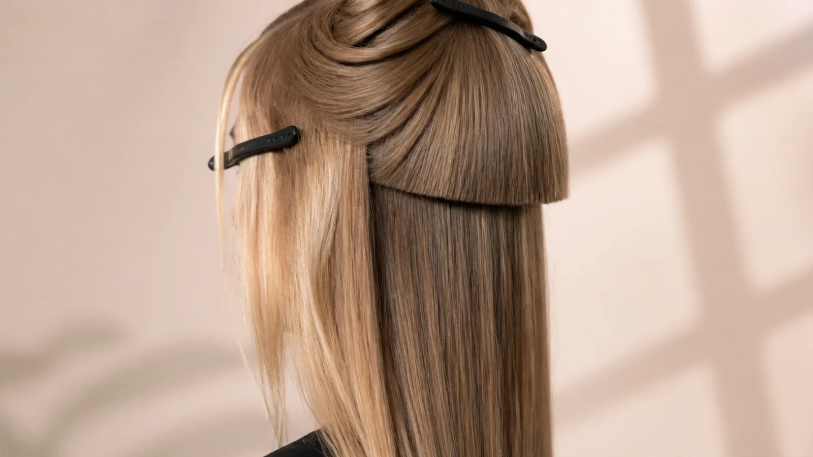 Hair divided by a clean parting with the top section clipped up