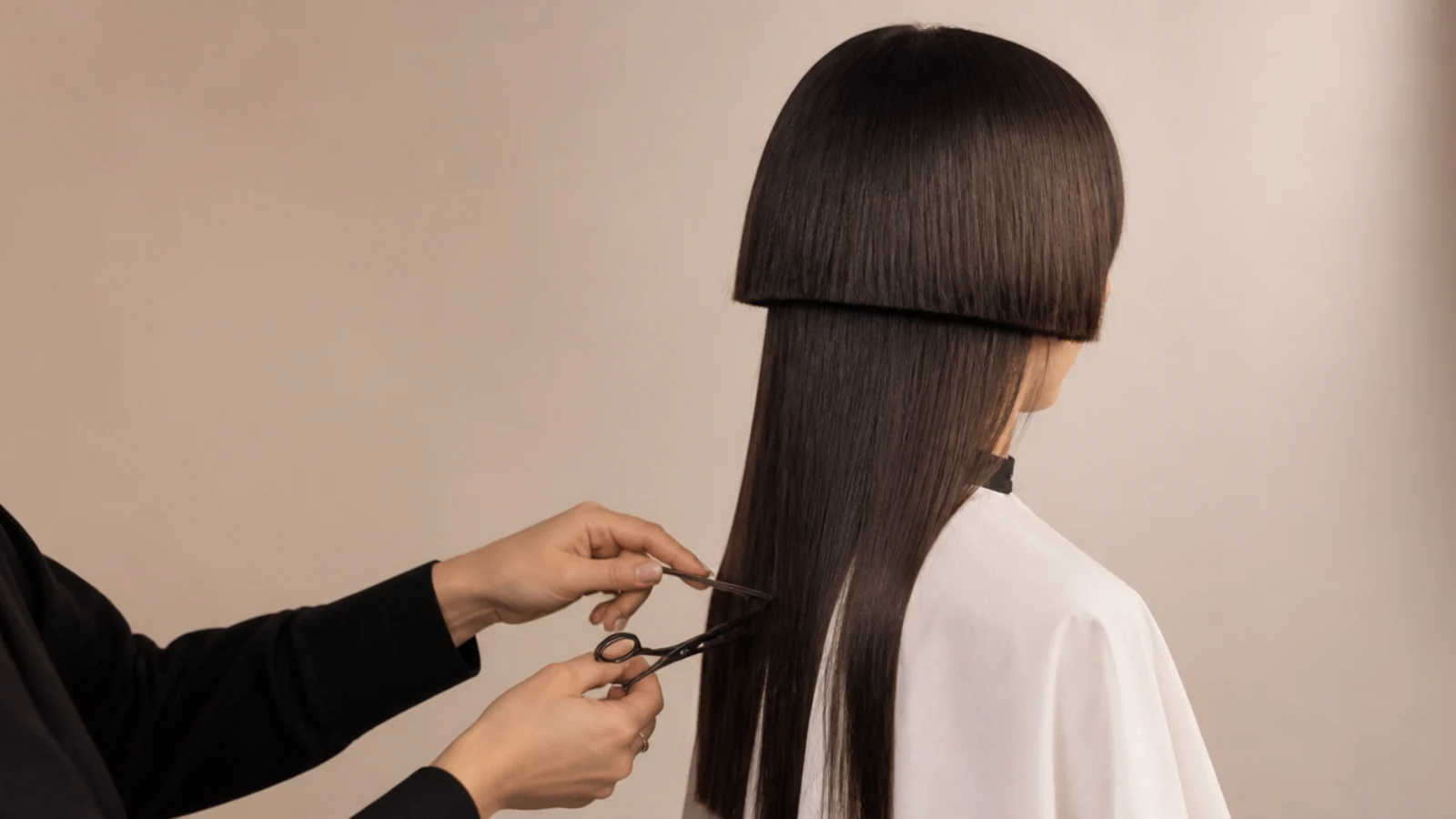 Scissors cutting straight across the ends of the long lower section