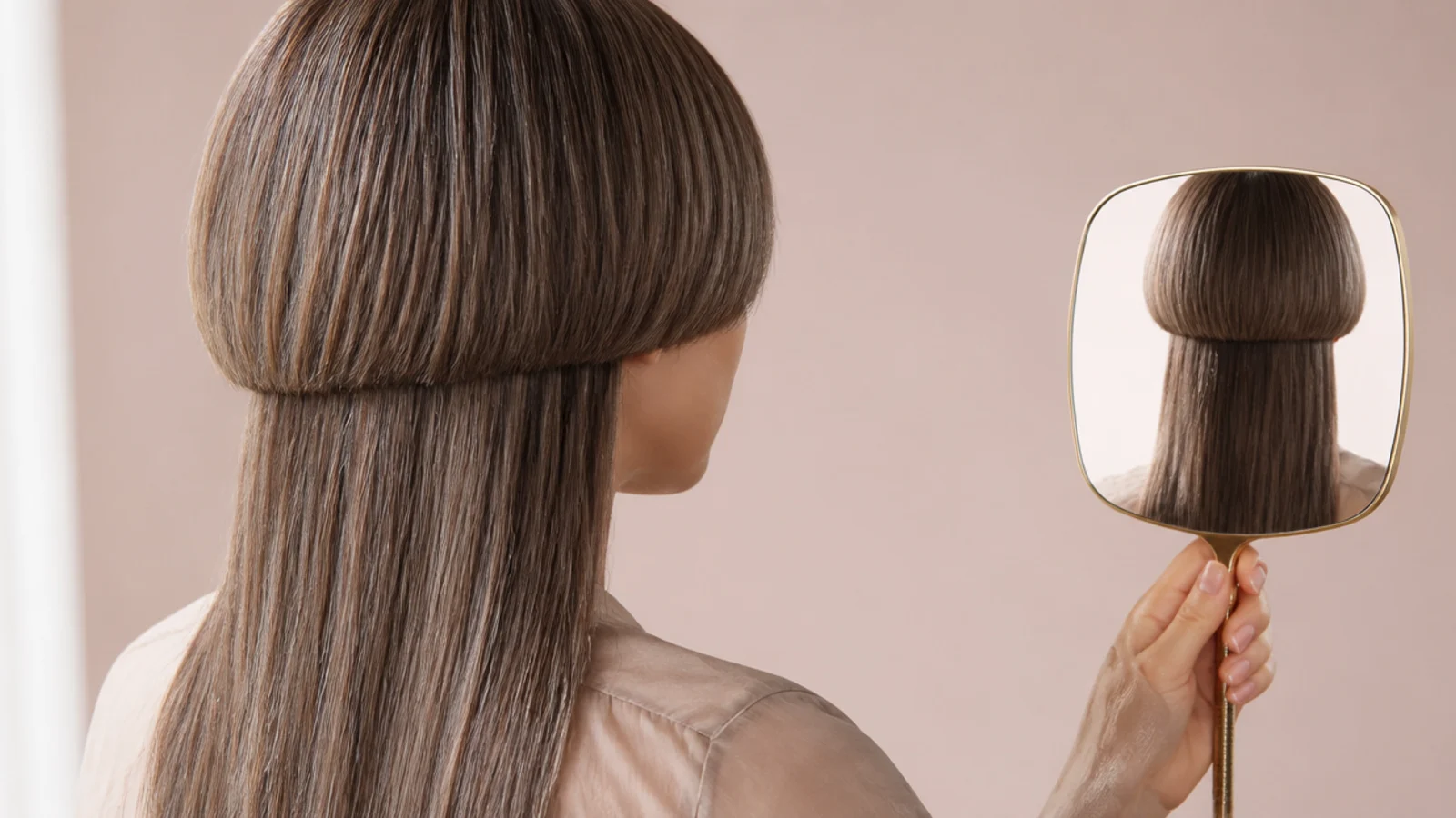 A hand mirror reflecting the back of a freshly cut head