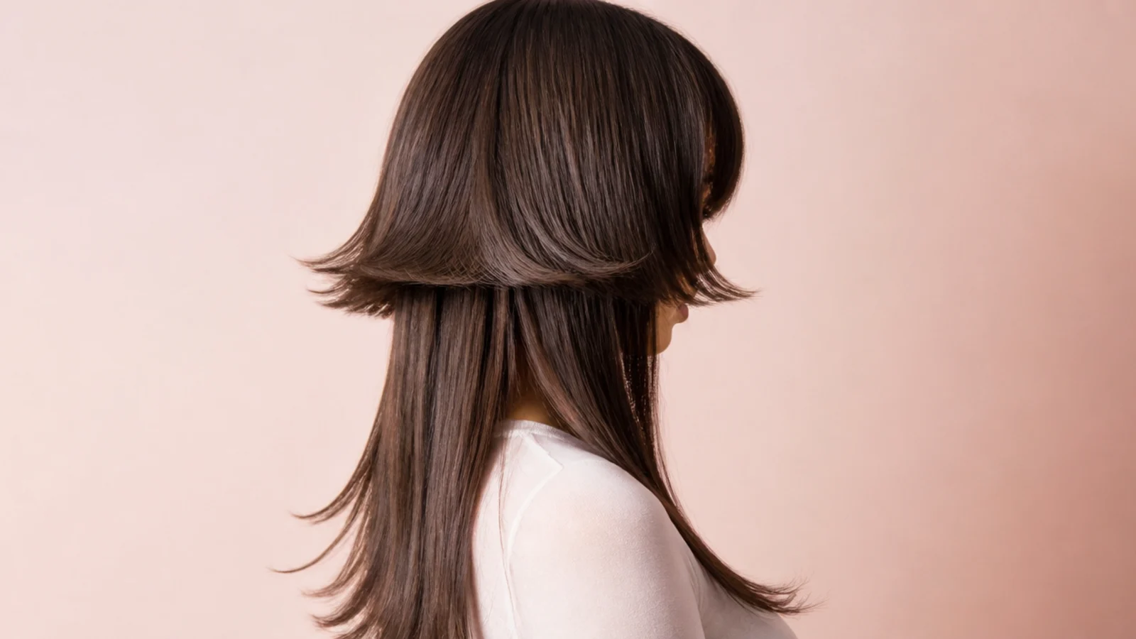 Long straight hair pressed smooth falling below a shaped top layer