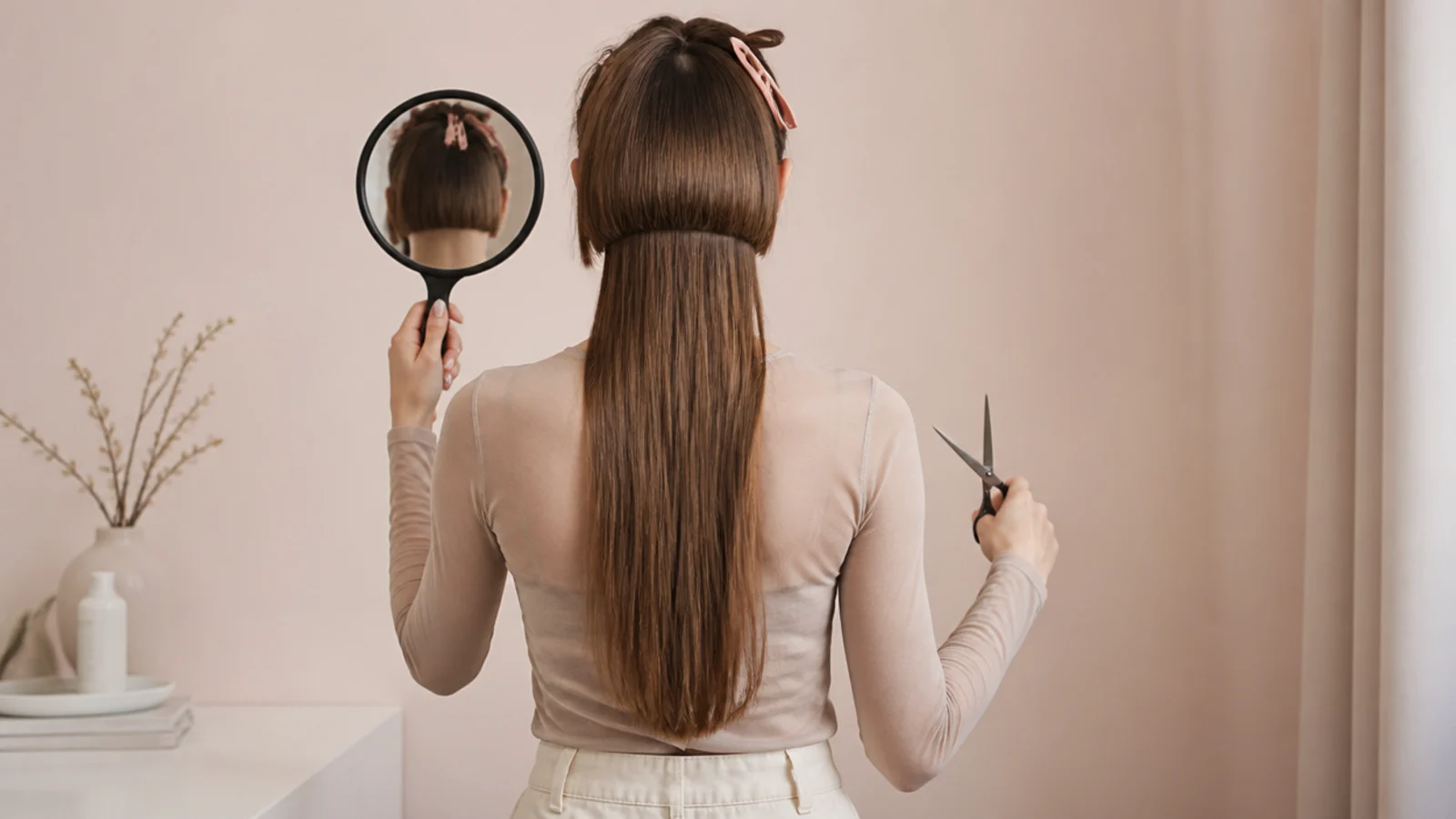 Scissors and sectioning clips laid out on a bathroom counter in front of a mirror