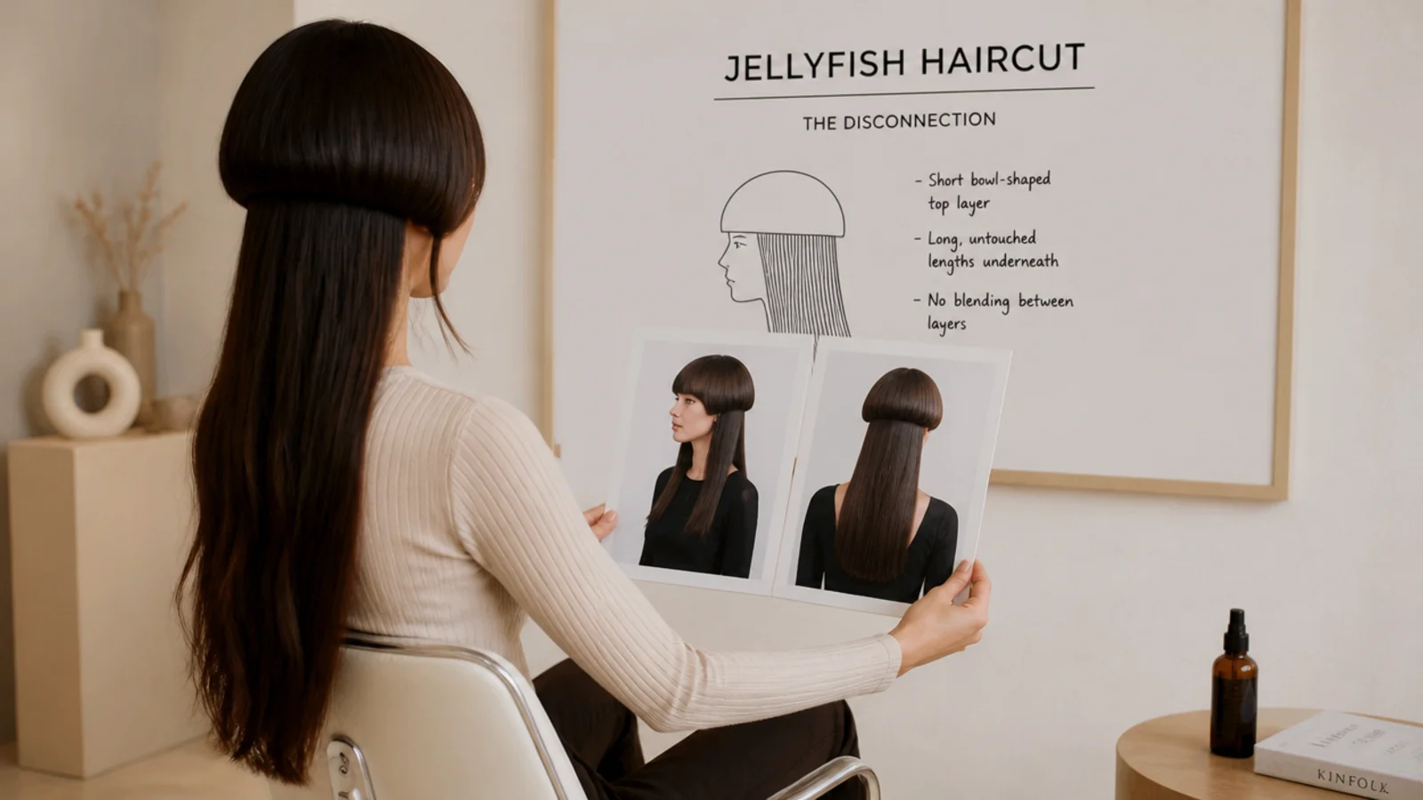 A client showing a reference photo on a phone to a stylist at the mirror