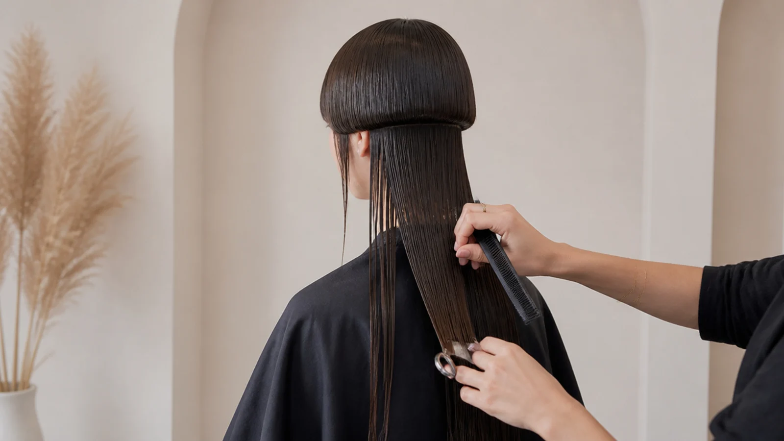 A stylist sliding scissors down the inside of a wet section held out from the head