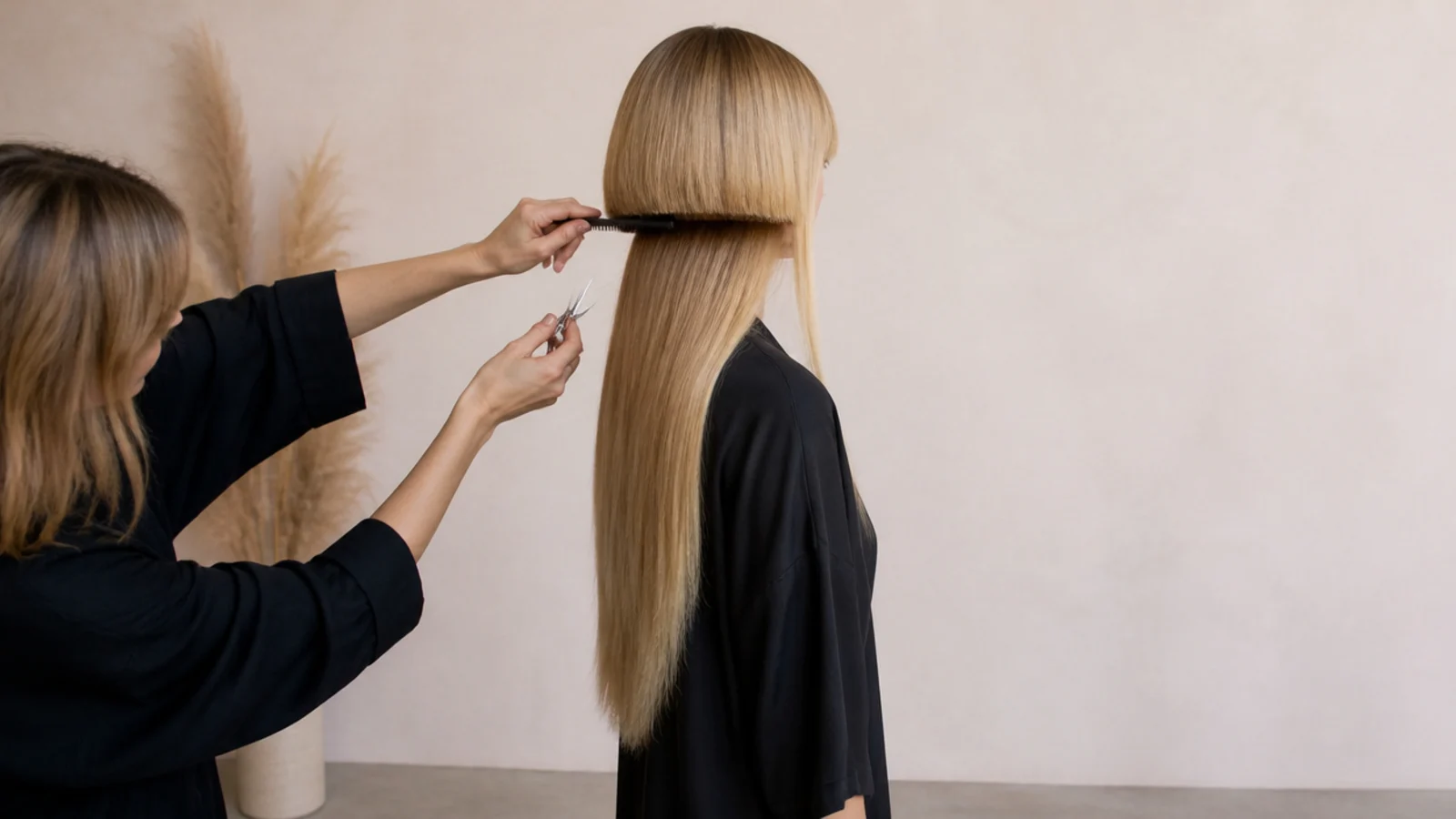 A hard untouched step between a short top layer and long hair below