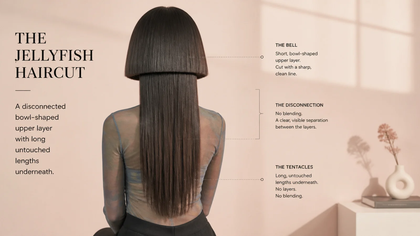 Diagrammatic side view showing the rounded top section stepping away from the long hair beneath