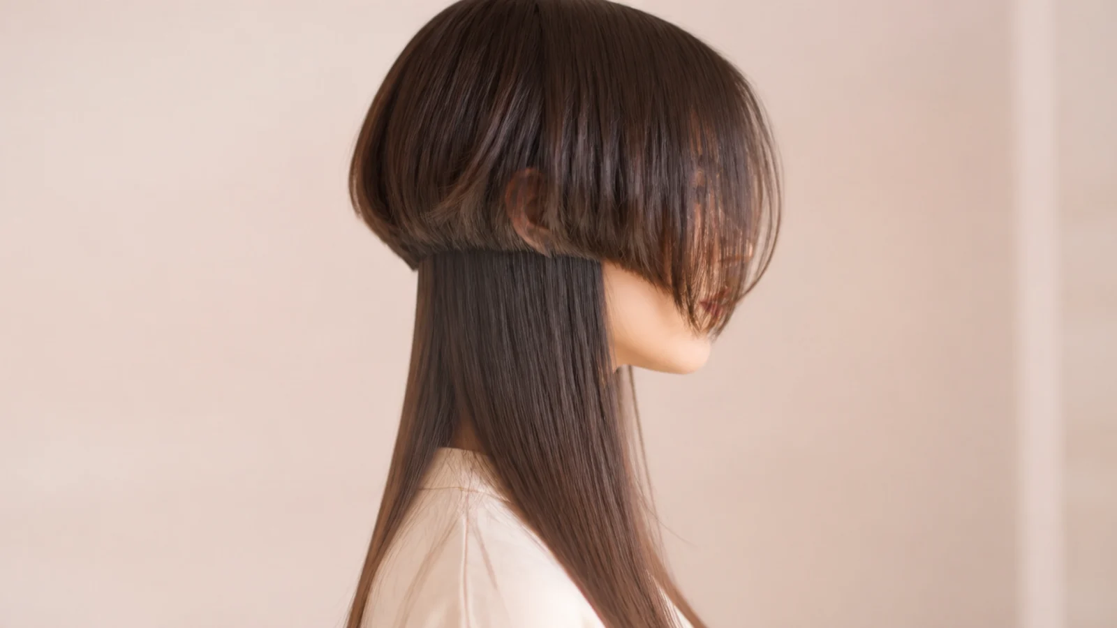 Fine bangs parted in the middle sweeping away from the face on both sides