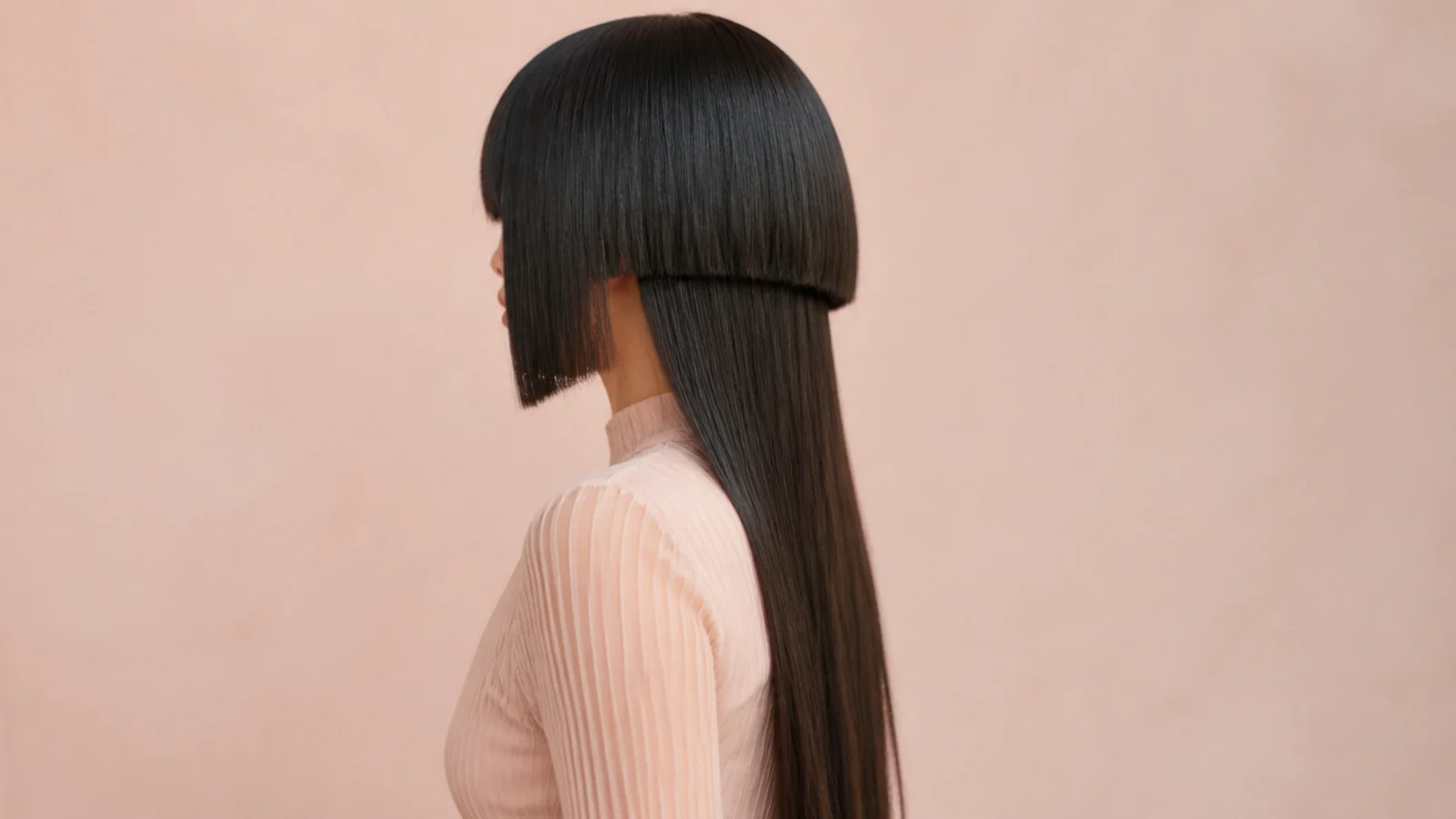 A blunt fringe with straight cut side panels framing the face at cheekbone height