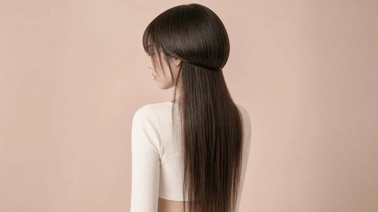 Short bangs cut across the middle of the forehead above a rounded layer