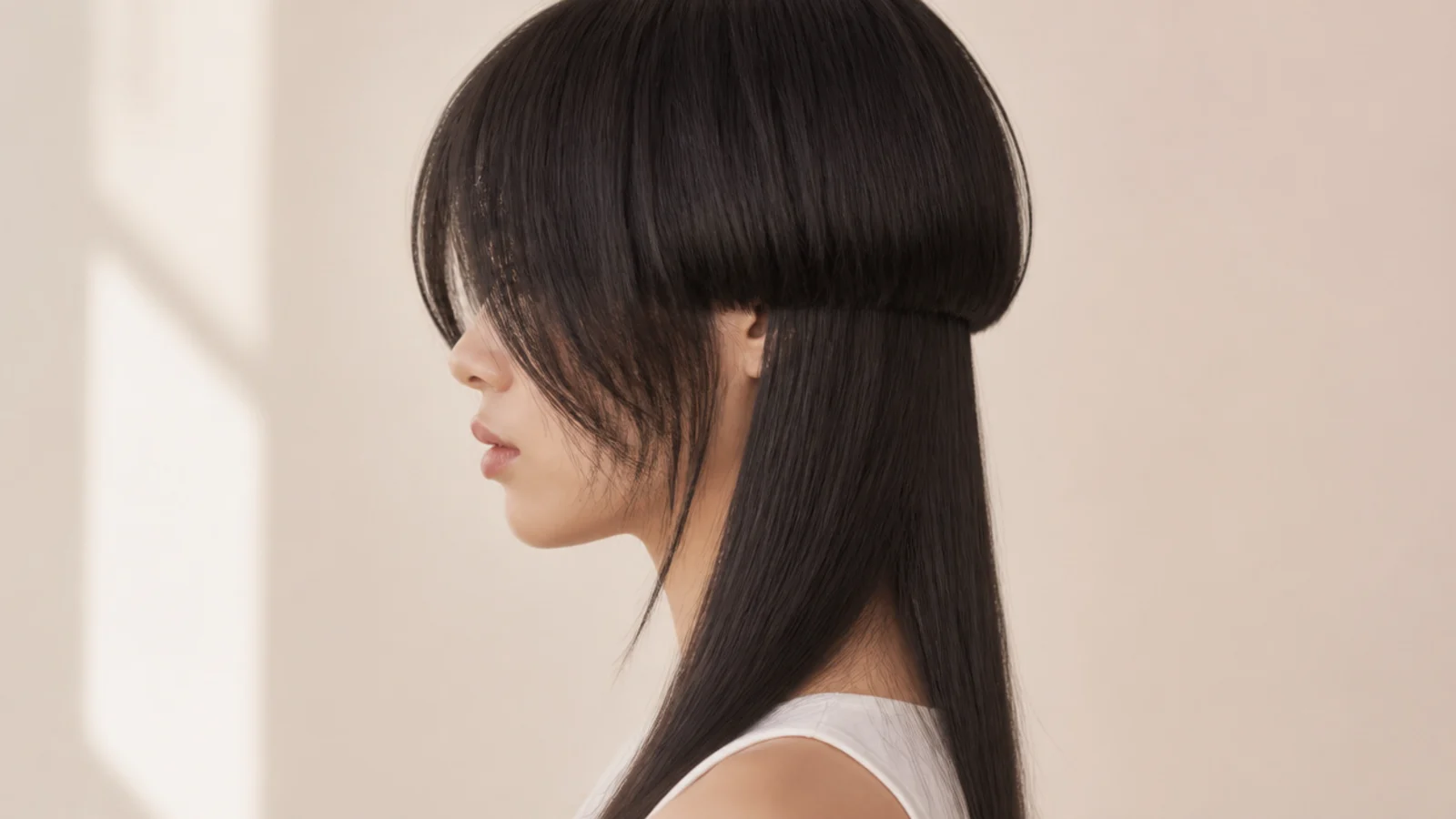A long fringe swept diagonally across the forehead from a deep parting