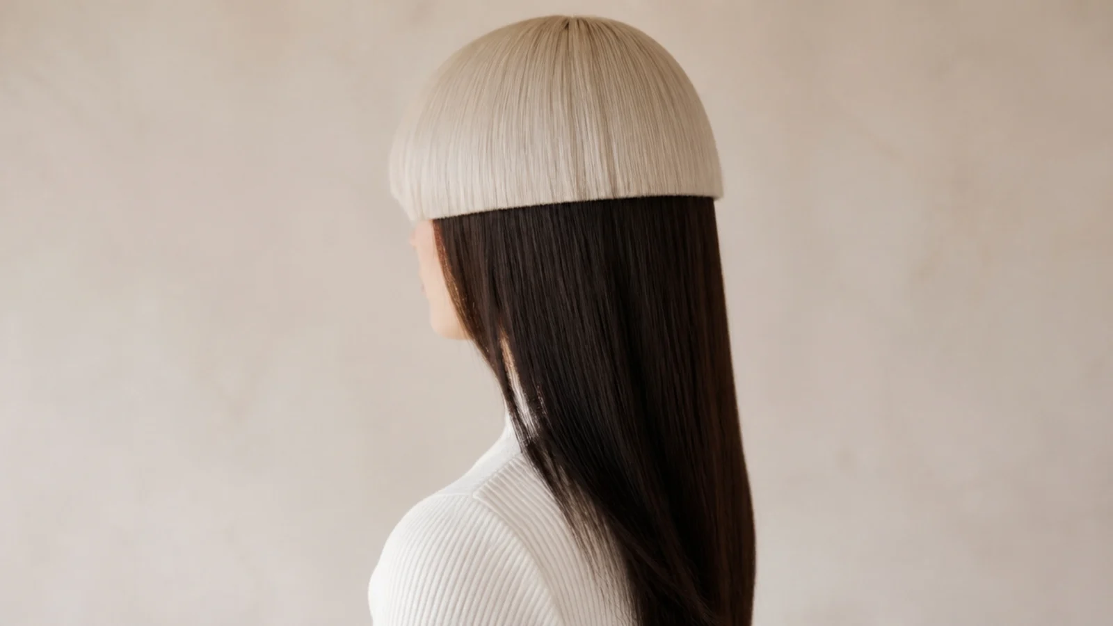 A pale bleached fringe against darker hair behind it