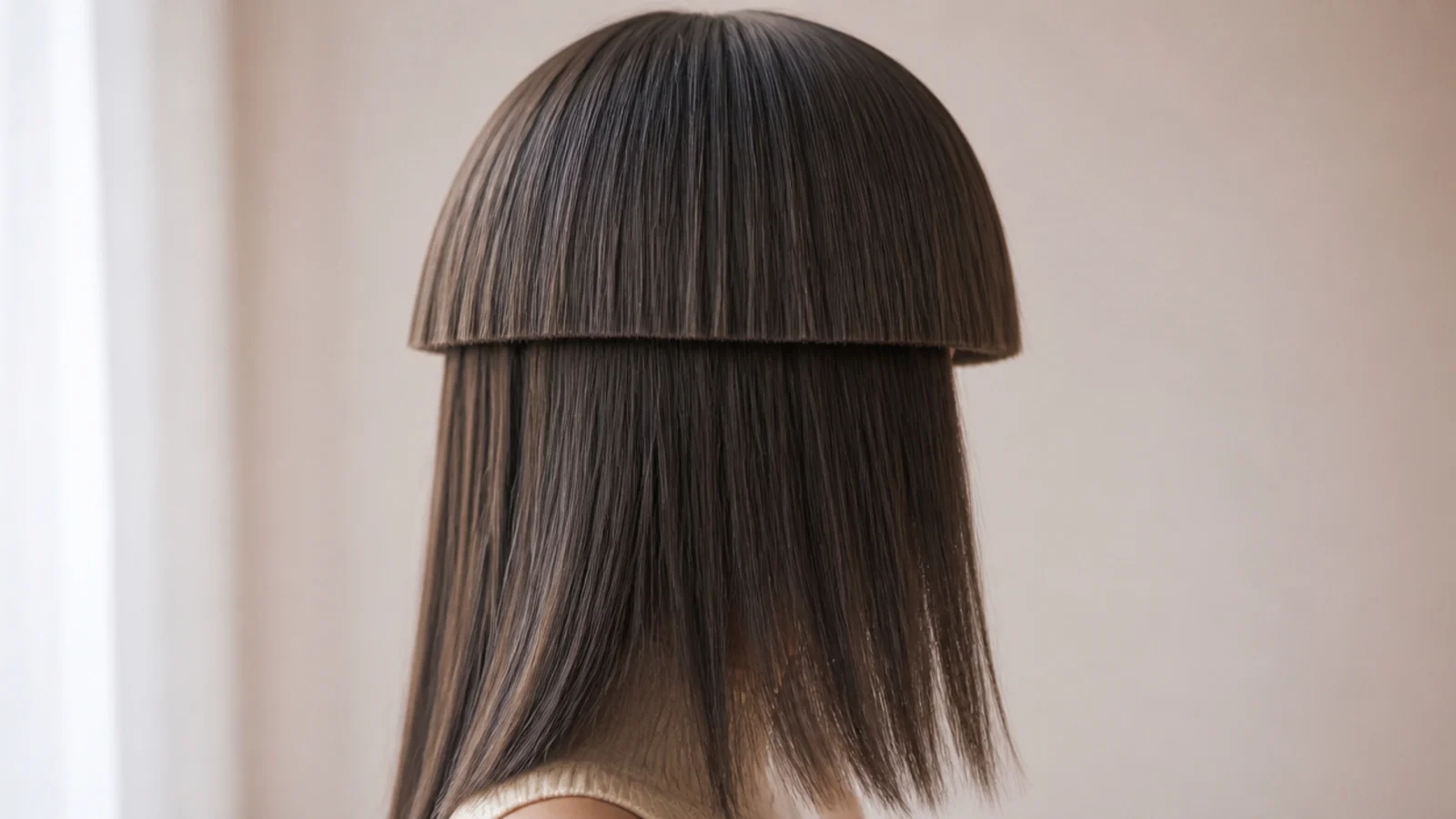 A perfectly level blunt fringe cut in a hard straight line