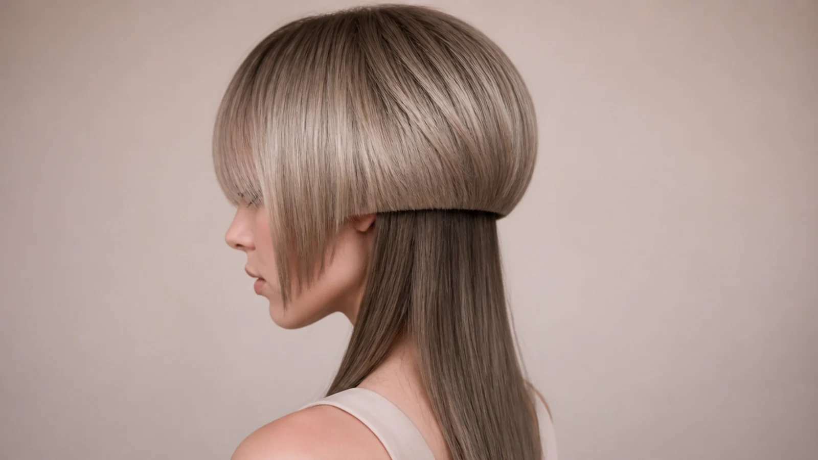 Bangs shorter at the centre and longer at the sides curving around the face